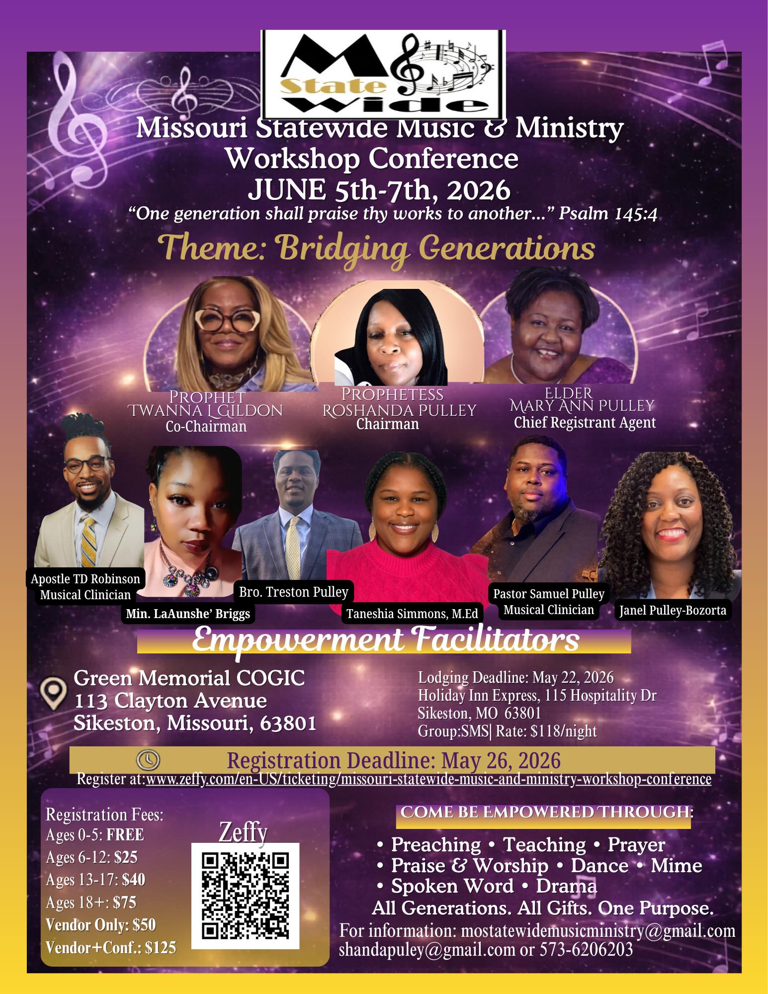Missouri Statewide Music and Ministry Workshop Conference flyer with facilitators, dates, registration, lodging, and conference theme details.